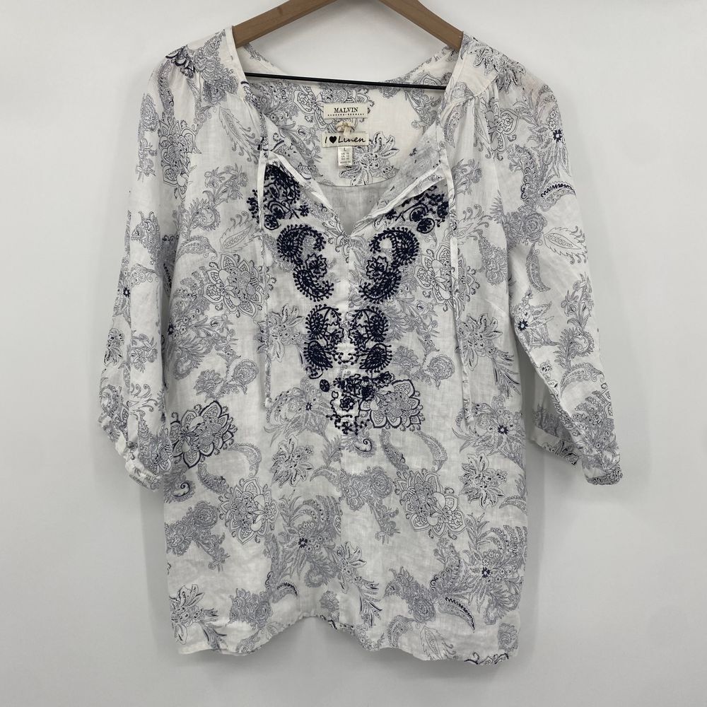 Malvin Hamburg Top size L 10 Linen Paisley Floral Embroidered Tunic White Blue